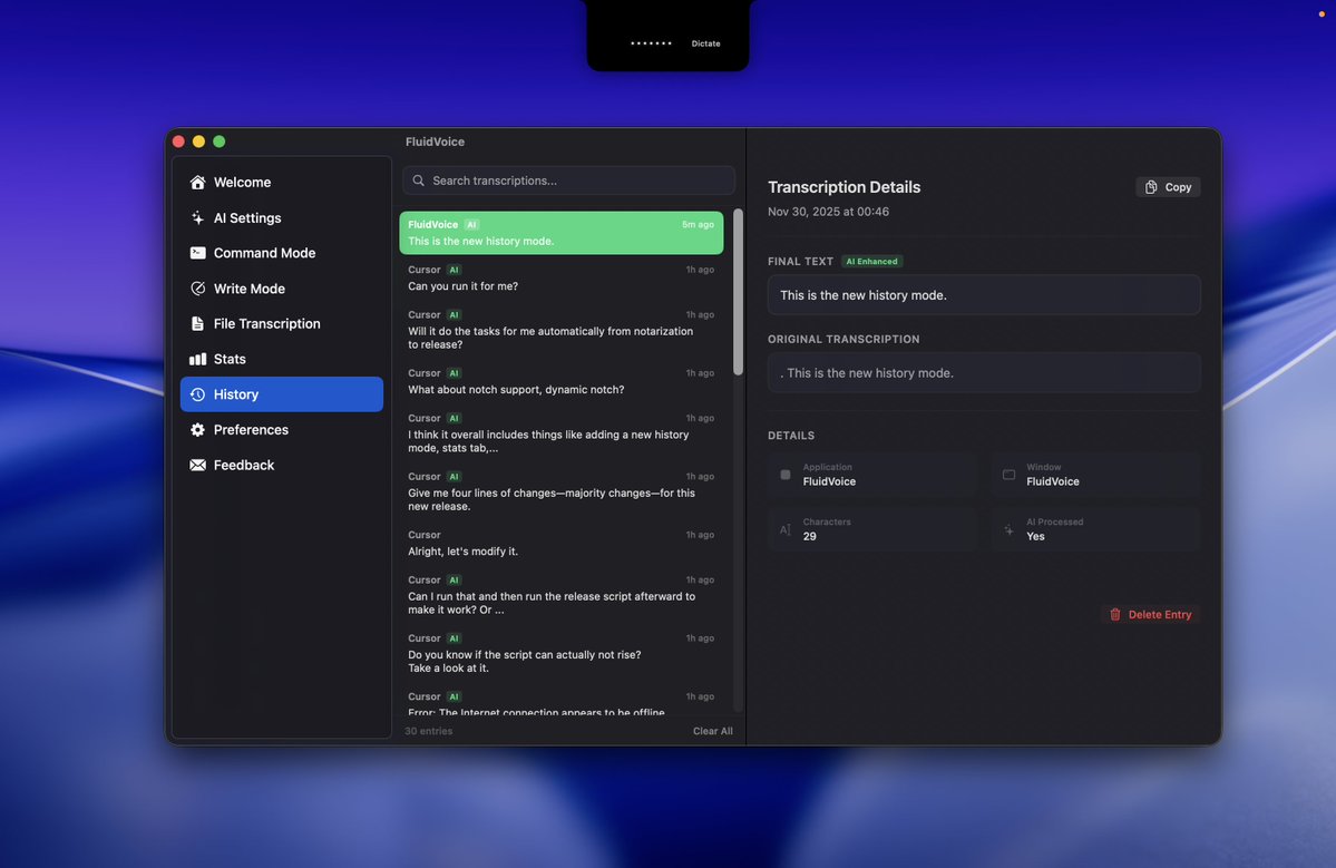 macOS의 내장 음성 입력 받아쓰기 기능은 인식 정확도가 낮고 AI 최적화를 지원하지 않아 항상 다소 부족한 느낌이 듭니다.
최근 GitHub에서 오픈 소스 음성-텍스트 변환 도구인 FluidVoice를 발견했