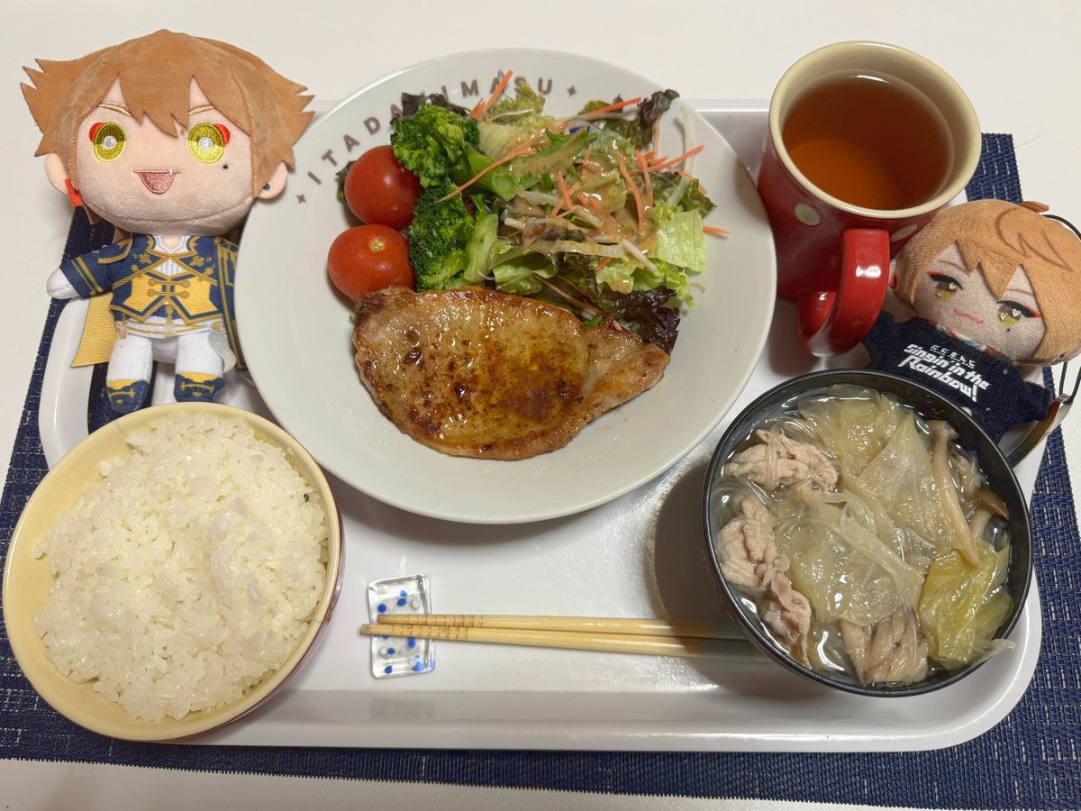 #おはガク #ガク食オープンキャンパス
ガッくん・アクターの皆様おはようございます☀️
今回は「ポークソテー」「豚肉とキャベツしめじの春雨スープ」で参加‼醤油バターのいい匂いと出汁の匂いがたまらない～～✨