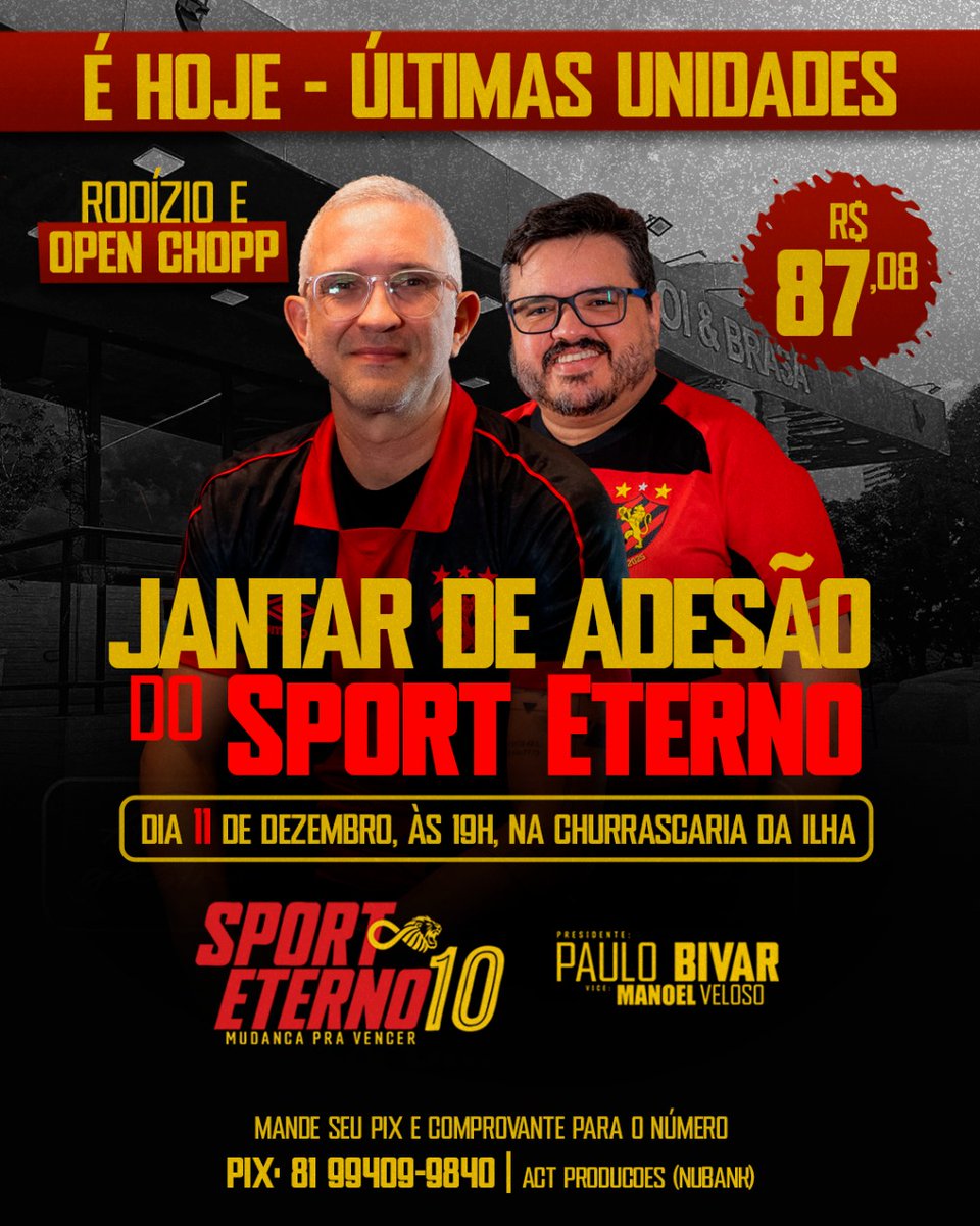 É HOJE🦁🔟 19h no Boi e Brasa da Ilha

Não tem tempo ruim que dure para sempre. Quem quer um Club 100% independente de Yuri vem brindar com a gente e ajudar a abrir um novo horizonte para o nosso Sport. 

Vamos juntos fortalecer o time que já recuperou o Sport 🍻🔛🔥️ PST