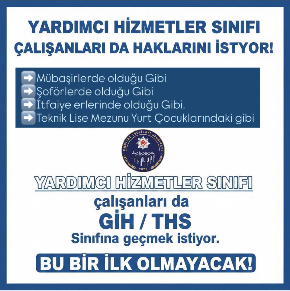 Aynı birimlerde aynı işleri yapıyoruz; aynı risklere maruz kalıyoruz. Bu teşkilatın mensuplarının emeği, fedakarlığı taltif edilmeli ve bu yapılırken EHS-GİH-THS-YHS ayrımı yapılmamalıdır. 

<a href="/TC_icisleri/">T.C. İçişleri Bakanlığı</a>
<a href="/AliYerlikaya/">Ali Yerlikaya</a>
<a href="/EmniyetGM/">Türk Polis Teşkilatı</a>

#EmniyeteİyileştirmeYapın