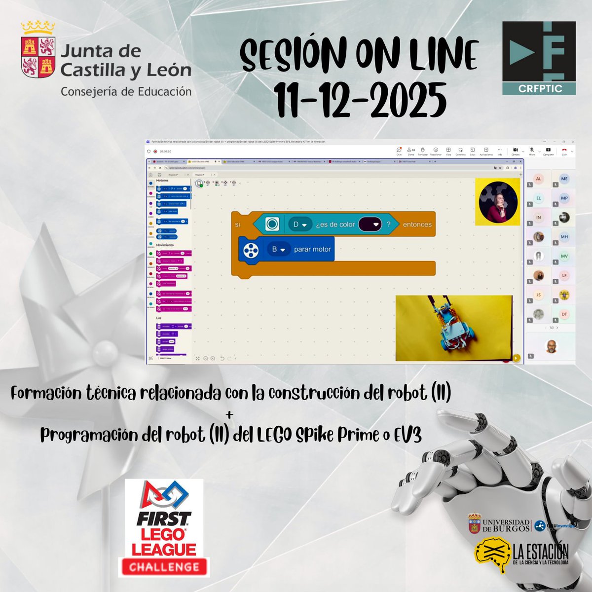 Hoy formación técnica construcción y programación del robot LEGO Spike Prime o EV3 para Castilla y León.
Preparando la First Lego League de Salamanca y Burgos
#innovacion @educacyll #CRFPTIC @fll_spain <a href="/firstlegoleague/">FIRST LEGO League</a>