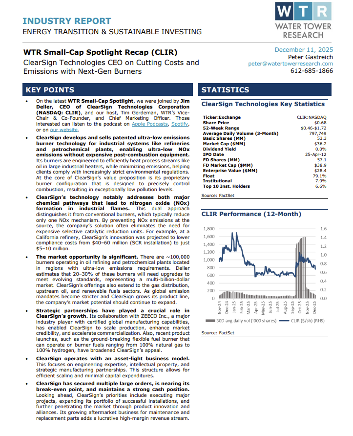 WTR_Research's tweet photo. Read Peter Gastreich's recap from his podcast with Jim Deller, CEO of @ClearSign Technologies (NASDAQ: $CLIR).

Those interested can listen to the podcast on all platforms or on our website. Links are accessible in our full report!

https://t.co/CbfcFdZhXs

$CLIR #ClearSign #NOx #Industrial #Energy #Sustainability #SmallCap #Stocks #Investing #CapitalMarkets