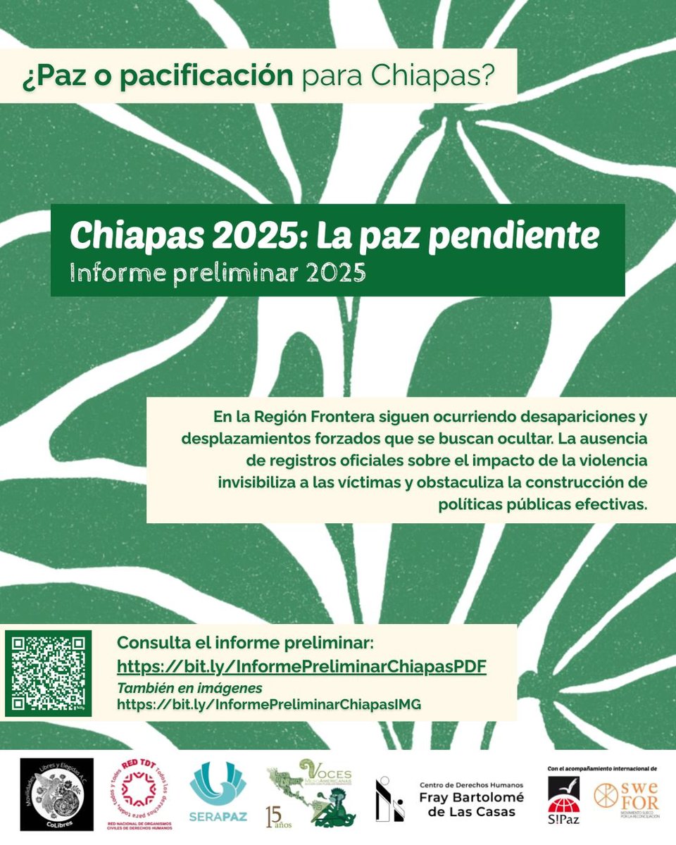 🔴 La estrategia de seguridad en Chiapas ha tenido un enfoque de pacificación que impone el control social con uso de la fuerza, pero la violencia no paró y comienza nuevamente una escalada.

🔗 Consulta nuestro informe preliminar ➡️ bit.ly/InformePrelimi…