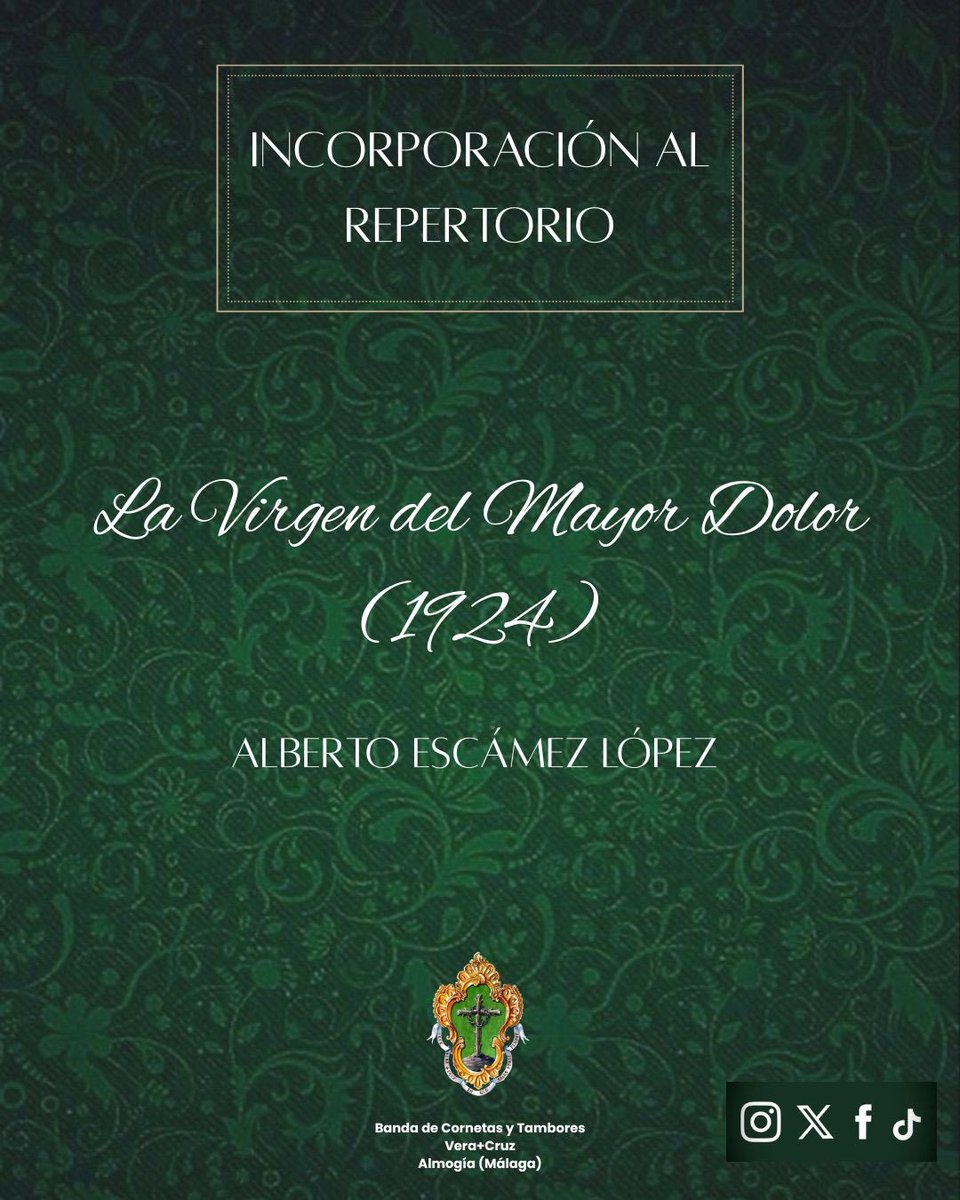 Con esta incorporación seguimos dándole el valor necesario a las obras escritas por el Maestro linarense y que mas de 100 años después siguen sonando en la Semana Santa.

#veracruz #bctveracruz #almogia #cofradesmalagueños #marchasprocesionales #bctveracruzalmogía