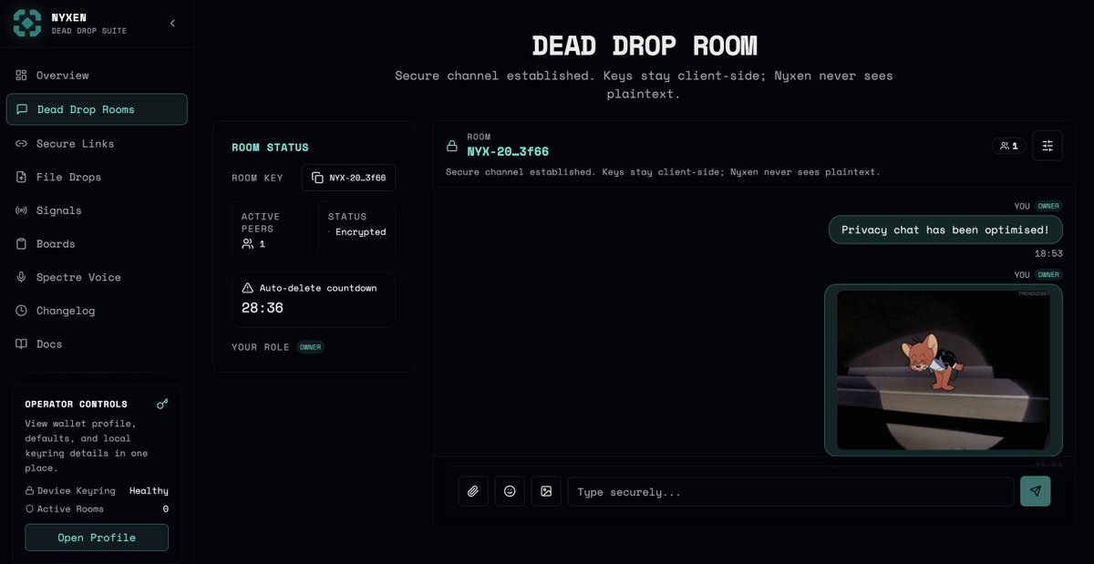 Nyxen v0.2.3 is LIVE 🚀

✨ Ephemeral Boards - Full release
💬 Reply to messages with threading
😎 Emoji &amp; GIF support in chat
📱 Improved mobile UX
🎯 Enhanced role management

Privacy-first encrypted messaging just got better. Try it now 🤝

Release notes: