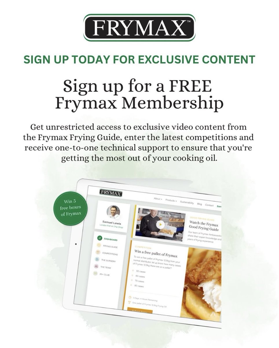 Fry_Magazine's tweet image. Sign up for a FREE Frymax Membership
Get unrestricted access to exclusive video content from the Frymax Frying Guide, enter the latest competitions and receive one-to-one technical support to ensure that you're getting the most out of your cooking oil.
frymax.co.uk/member-create/