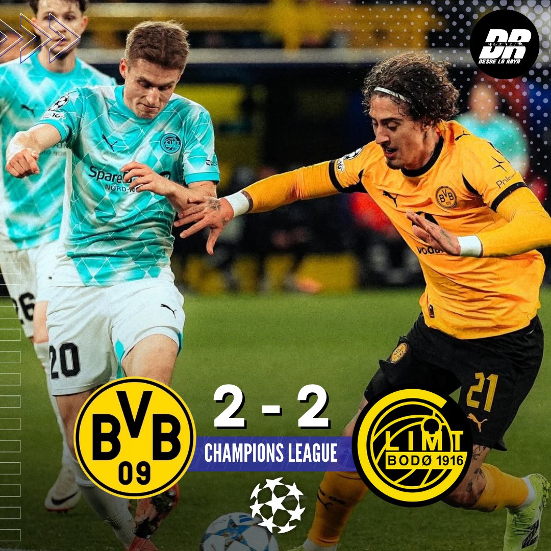 IGUALDAD ENTRE NEGRIAMARILLOS 🟰⚫️🟡

Borussia Dortmund se enfrentó a F.K Bodø/Glimt por la jornada 6 de la UEFA Champions League.

El partido finalizó 2-2. El cuadro alemán obtuvo una posesión del balón del 56%. Sin embargo, esto no les alcanzó para la victoria. 

📸: @bvb09