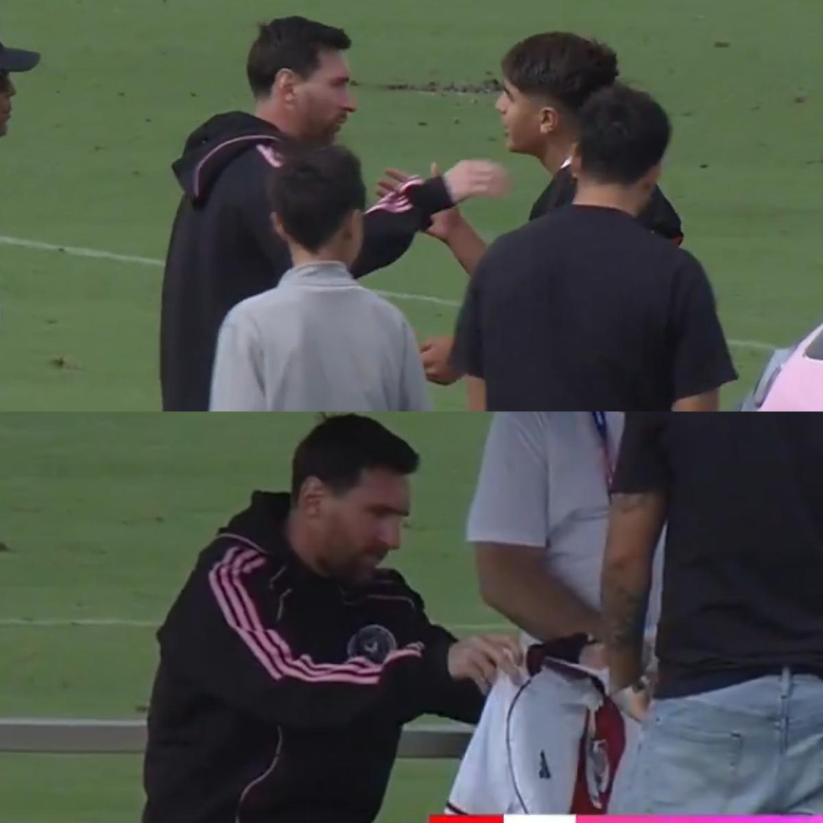 RiverLPM's tweet image. El Más Grande con la del Más Grande. Messi se llevó una camiseta de River luego del partido de los chicos en la Messi Cup. ⚪❤️⚪