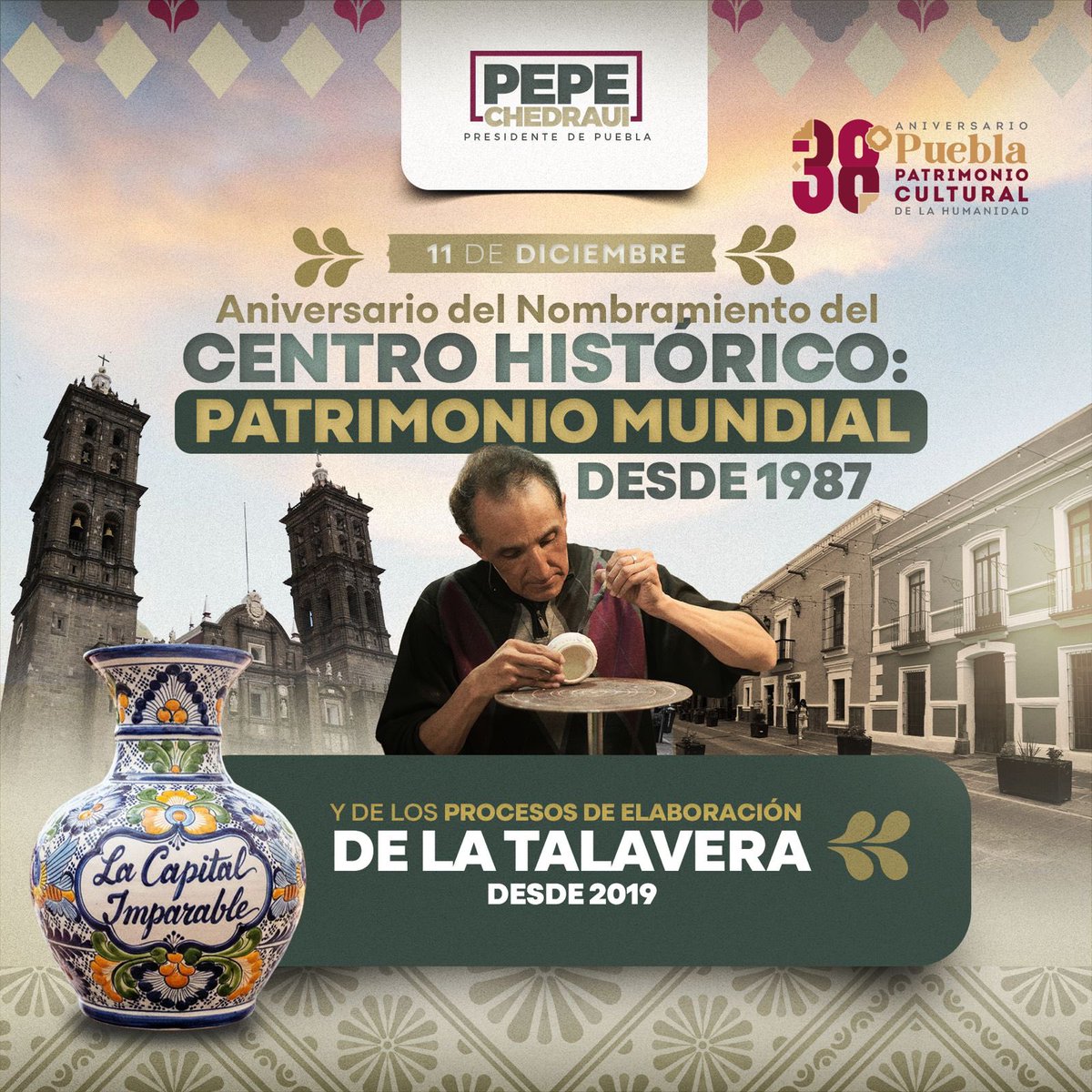 Hoy celebramos dos fechas fundamentales para #Puebla 🫶🏼 Hace 38 años nuestro Centro Histórico fue declarado Patrimonio Mundial por la <a href="/UNESCO/">UNESCO 🏛️ #Education #Sciences #Culture 🇺🇳</a>, y también recordamos que el 11 de diciembre de 2019 se reconocieron los procesos artesanales de la talavera como Patrimonio Cultural