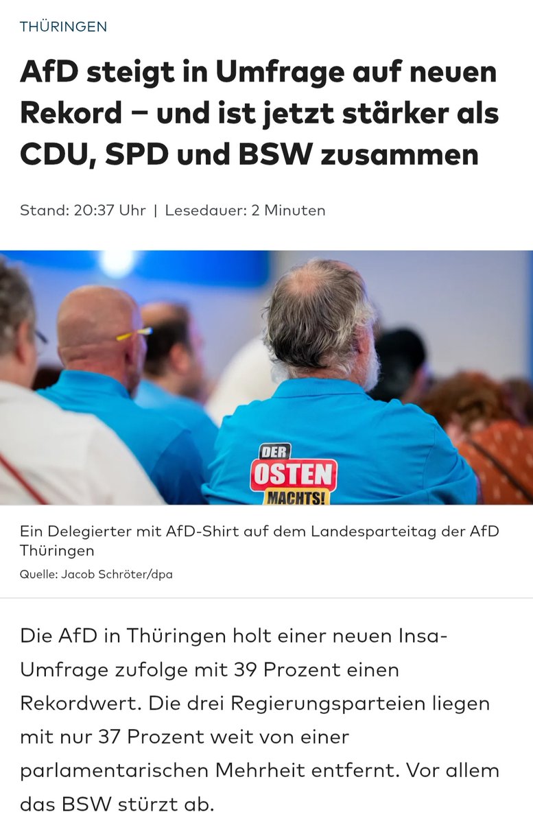 Wie konnte das nur passieren?
Da hat die Einheitsfront aus CDU, BSW und SPD ihre Politik bestimmt nicht richtig erklärt. 
Anders kann es gar nicht sein. 

#AfDVerbotSofort