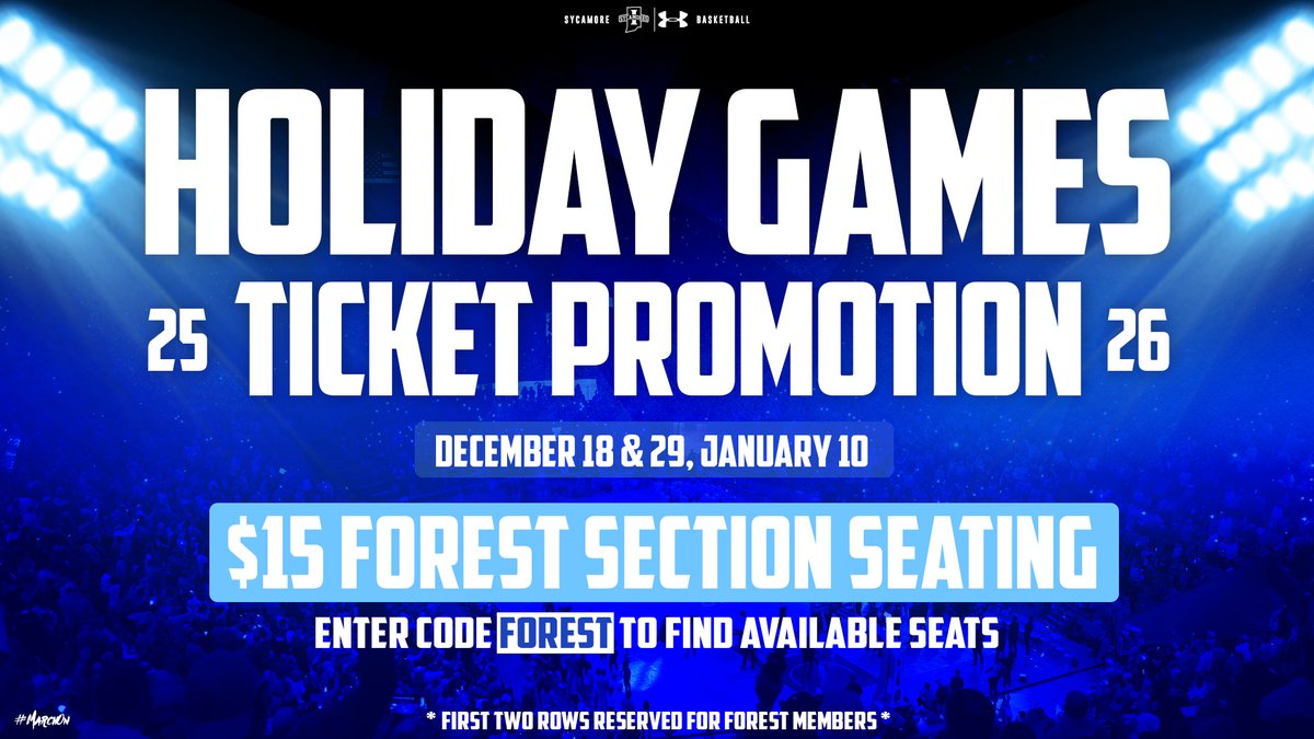 Three holiday home games = holiday ticket promos 🎄

Tickets are on sale for seating in The Forest for our three home games over the holidays.

Get closer to the action for these select games: am.ticketmaster.com/indianastate/b….

Be sure to enter code "FOREST" to find these seats.

#MarchOn
