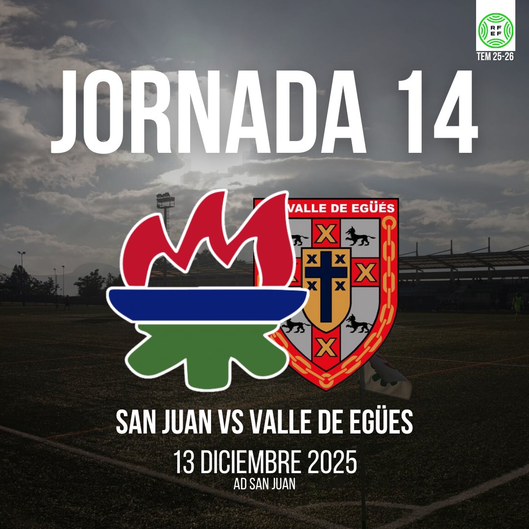 👉 Este sábado nuestro primer equipo se encuentra ante el décimo cuarto partido de la temporada. 

🏆 3RFEF
⚽️ Jornada 14
📆 13 de Diciembre
🕢 17:00
🏟 AD San Juan
🆚 <a href="/AUPAEGUES/">C.D. VALLE DE EGÜÉS FUTBOL</a>
🎟️ 10€
👨🏻‍⚖️ Egoitz García, Silvestar Gochev, Iker Fernández 

#3RFEF #SanJuanEgües