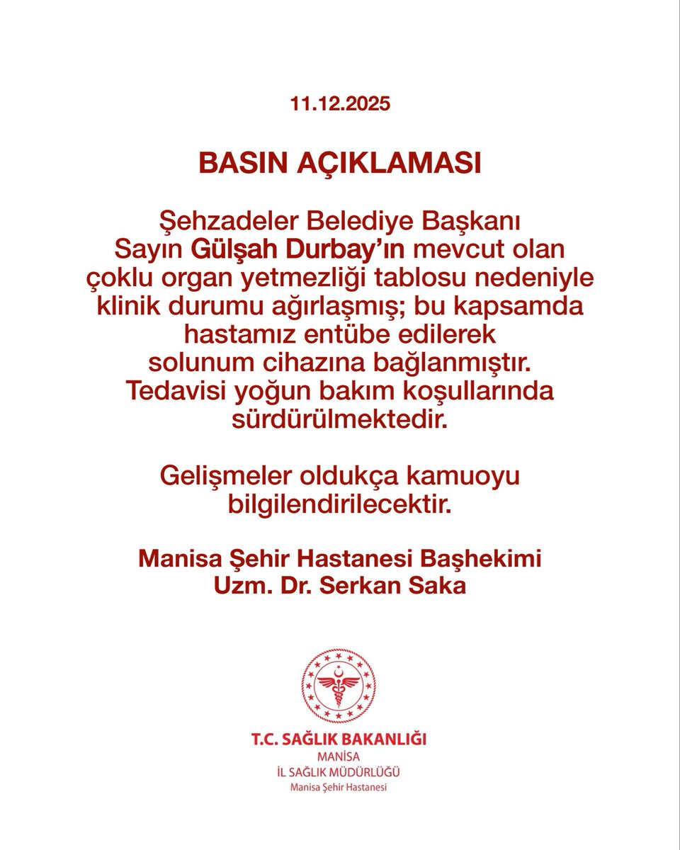 Manisa Şehir Hastanesi Başhekimliği’nden
Belediye Başkanımız Sayın Gülşah Durbay’ın Sağlık Durumuna İlişkin Açıklama