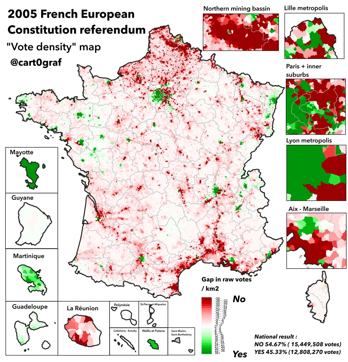 🗺️A vote density map of the 2005 referendum on the 🇪🇺 Constitution in 🇫🇷. Although the “no” vote was highest in rurals, it secured a big raw vote lead in some dense areas: Mediterranean coast, former industrial basins of the north and east, suburbanized Rhône and Garonne valleys.