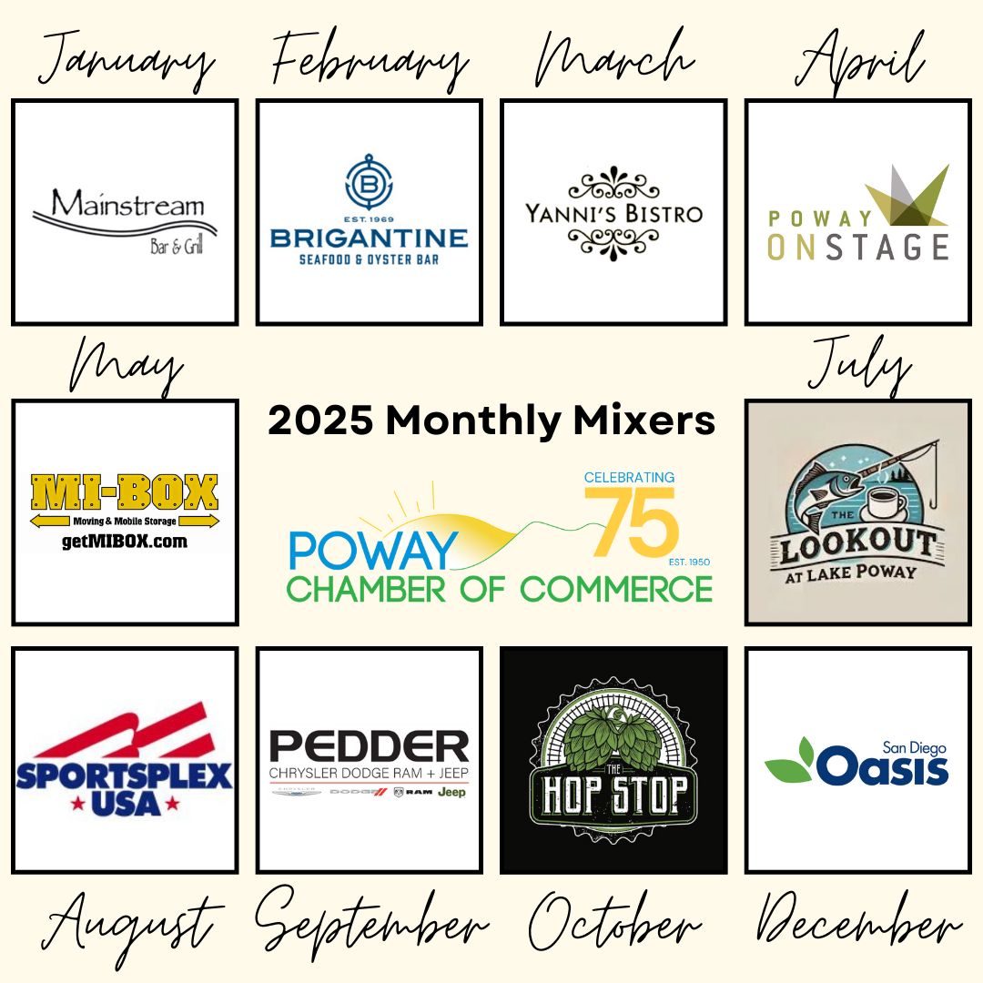 ✨ A huge THANK YOU to our amazing 2025 Monthly Mixer Hosts! ✨

The Poway Chamber of Commerce extends our heartfelt appreciation to the incredible businesses and organizations that helped make this year's Monthly Mixers a huge success!