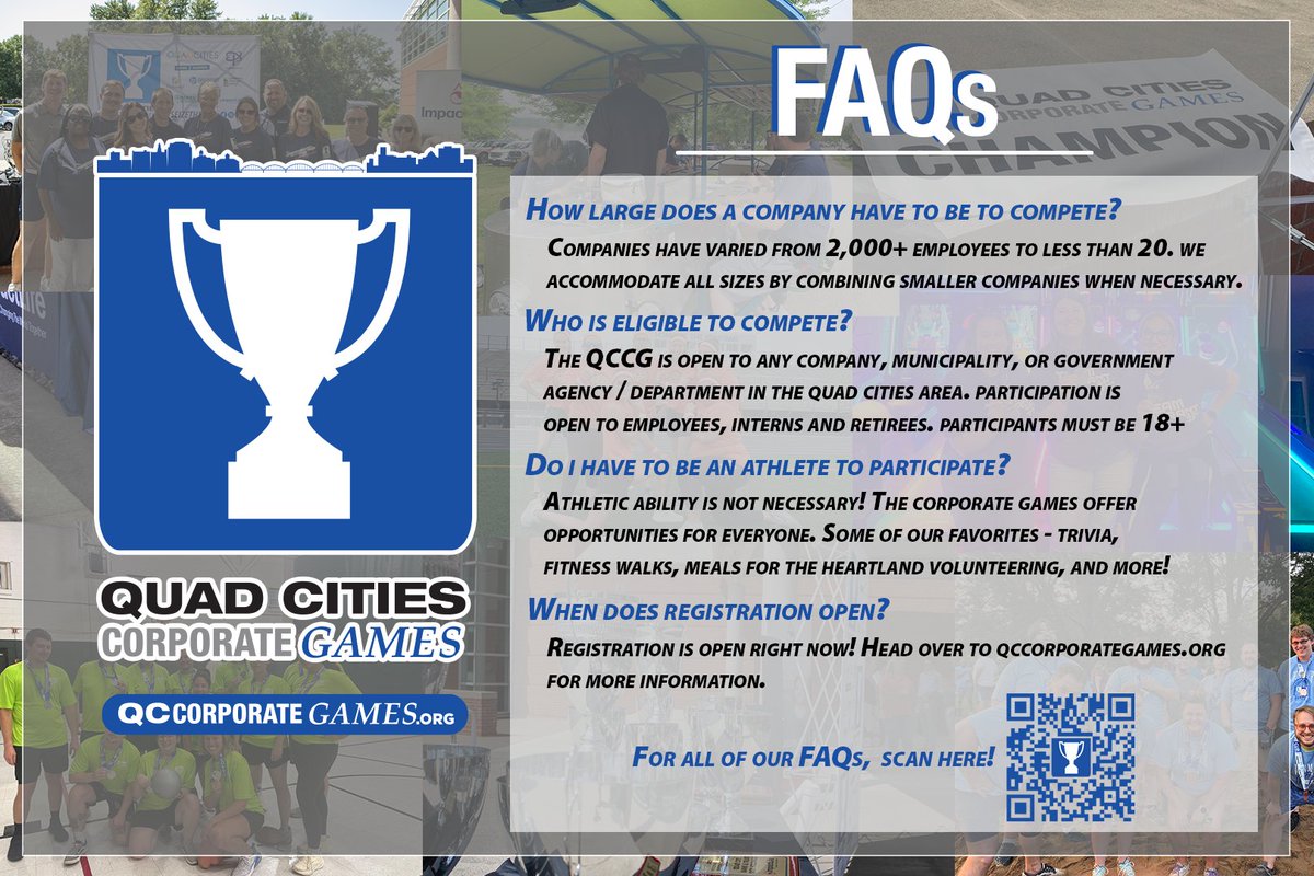 A few FAQs we get at the QCCG. For the full list, visit here:

qccorporategames.org/FAQ

If there's anything you'd still like to know, feel free to shoot us an email - info@qccorporategames.org