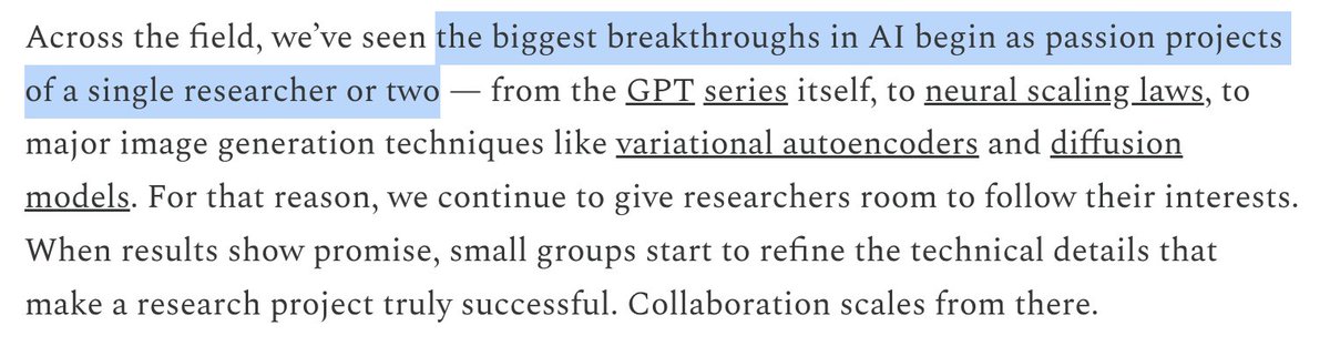 저는 @fidjissimo 님이 쓴 OpenAI 문화에 대한 블로그 글이 마음에 들어요.
"인공지능 분야의 가장 큰 혁신은 한두 명의 연구자가 열정을 쏟아 시작한 프로젝트에서 비롯되는 경우가 많습니다."
GP
