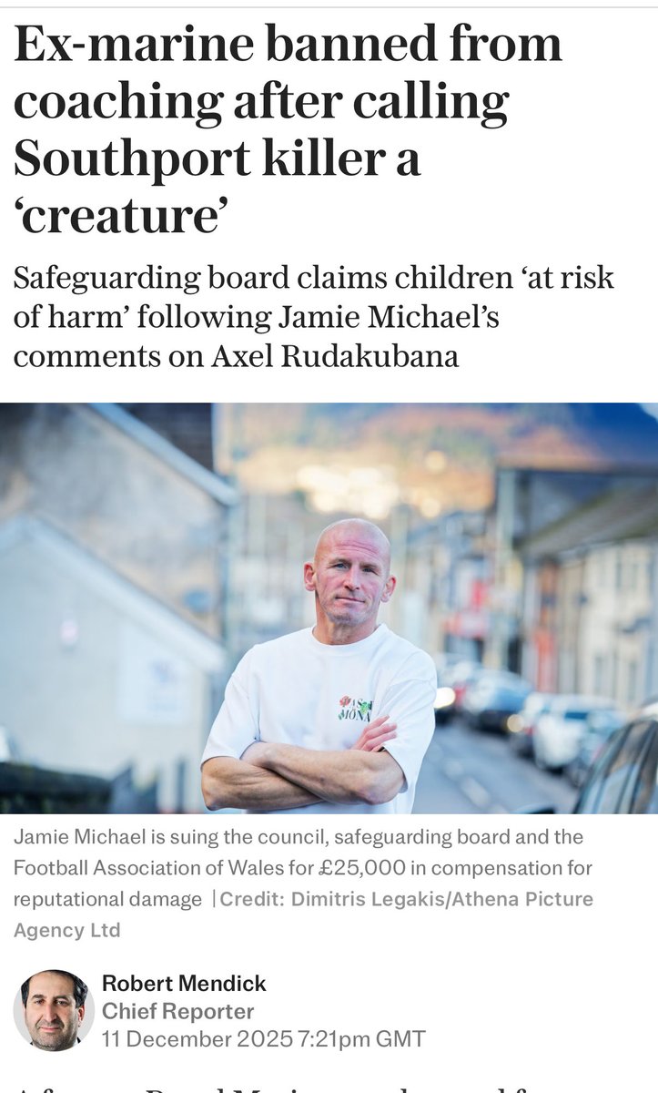 SpeechUnion's tweet image. A “safeguarding” board has claimed children are “at risk of harm” from Jamie Michael because he called Southport killer, Axel Rudakubana, a “creature”. 

The ex-Royal Marine has been banned from working with children — including coaching his daughter’s football team — for…