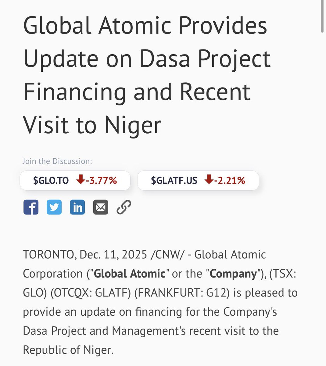Global Atomic $GLO Provides Financing Update

WE GOT THE FUCKING CREDIT COMMITTEE APPROVAL!!! LETS FUCKING GLO!!

The U.S. development bank (the "Bank") has confirmed that funding for the Dasa Project was reviewed at a meeting of the Bank's Credit Committee and forwarded to the