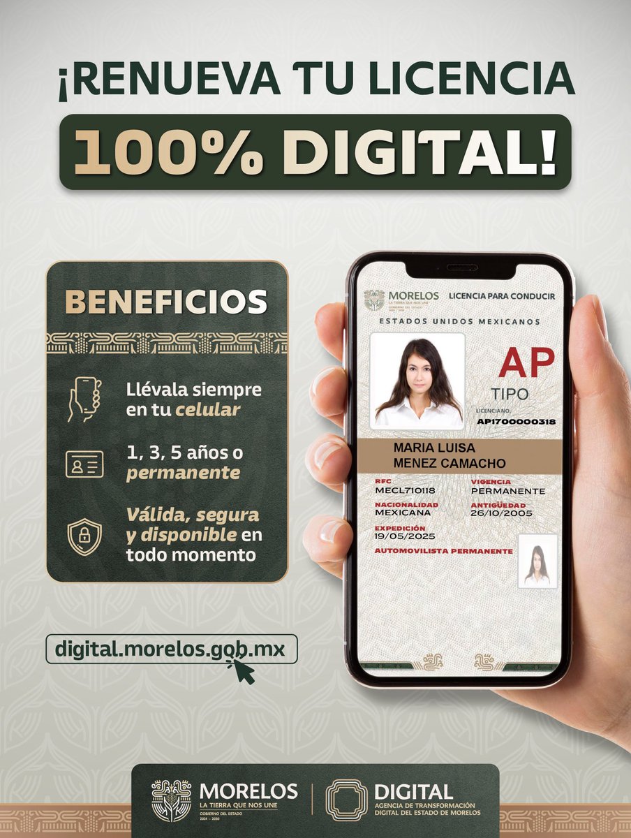 En Morelos seguimos simplificando trámites.
Renueva tu licencia de manera digital, segura y accesible.

Tramítala en: digital.morelos.gob.mx

#LaTierraQueNosUne