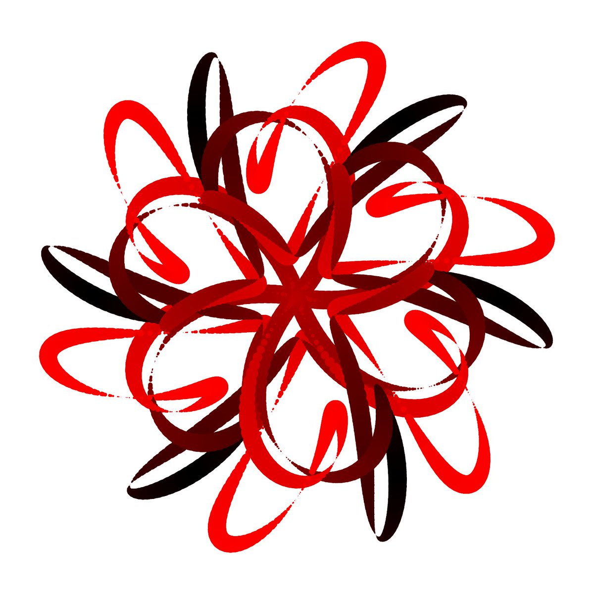 reona396's tweet photo. float i, A, B, S=200;
size(800, 800);
noStroke();
background(-1);
for (i=0; i<99; i+=.01) {
  A=(cos(i*4)-sin(i*10)+2)*.45;
  B=i/3+(sin(i*2)-sin(i*6))/2;
  fill(255*abs(sin(i)), 0, 0);
  circle(S*A*cos(B)+S*2, S*A*sin(B)+S*2, 25*cos(i*9));
}
// #つぶやきProcessing https://t.co/kpnmmoIjYI