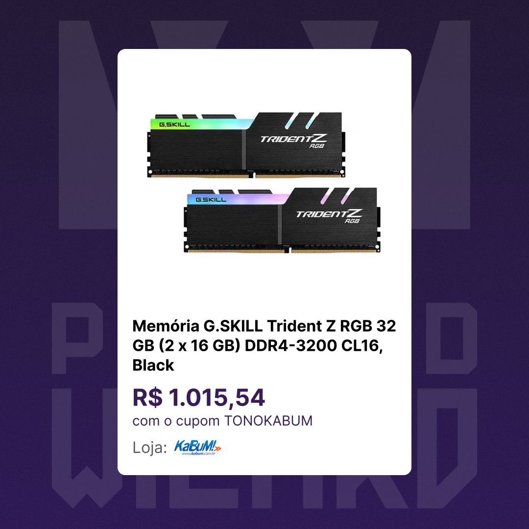 pcbuildwizard's tweet image. G.SKILL Trident Z RGB 32 GB (2 x 16 GB) DDR4-3200 CL16, Black

R$ 1.068,99 (R$ 1.015,54 com o cupom TONOKABUM na primeira compra, no App)
Avaliação: ⭐⭐⭐

Loja: KaBuM!
awin1.com/cread.php?awin…

Mediana dos preços de 90 dias: R$ 887,99