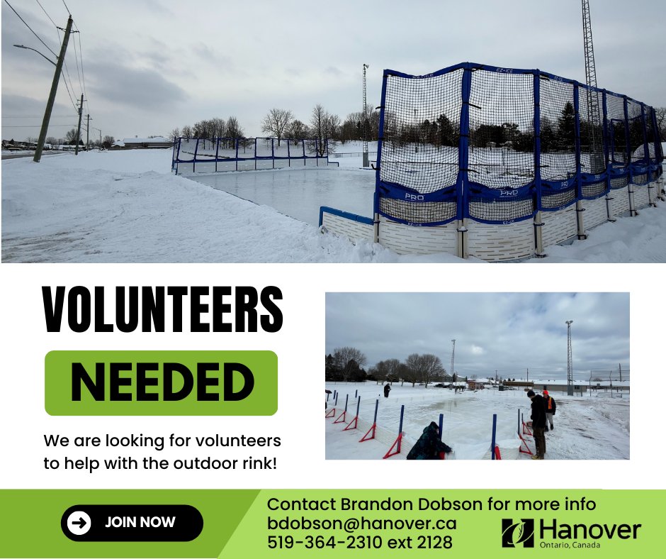 Are you looking to make an impact in your community this winter? Join the Outdoor Rink Volunteer Maintenance Team. Contact Brandon Dobson for more information. bdobson@hanover.ca | 519-364-2310 ext 2128