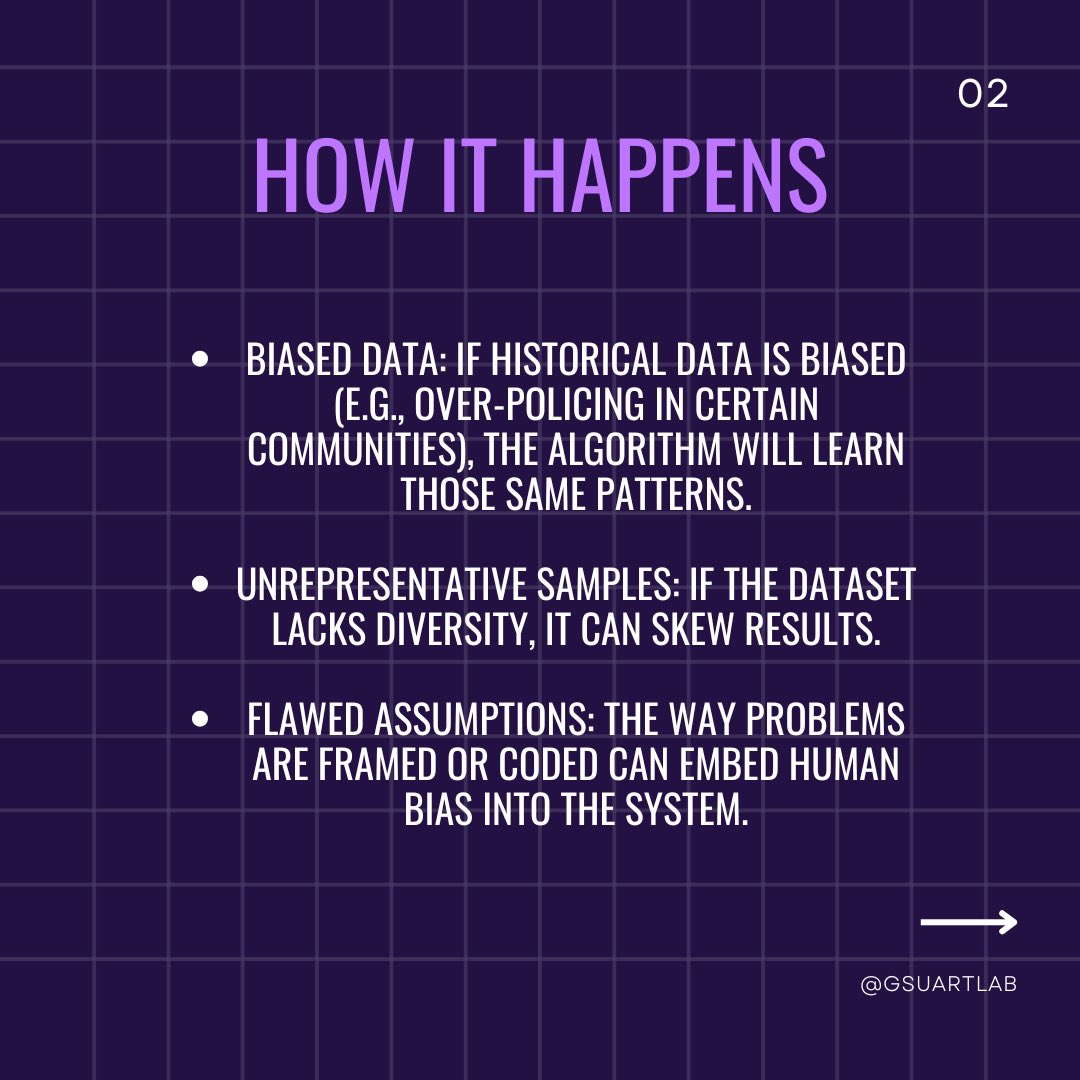 GSUARTLab's tweet image. When algorithms learn from biased data, they repeat it. Awareness is the first step to fixing it. #ai #algorithms #data #mentalhealth #tech