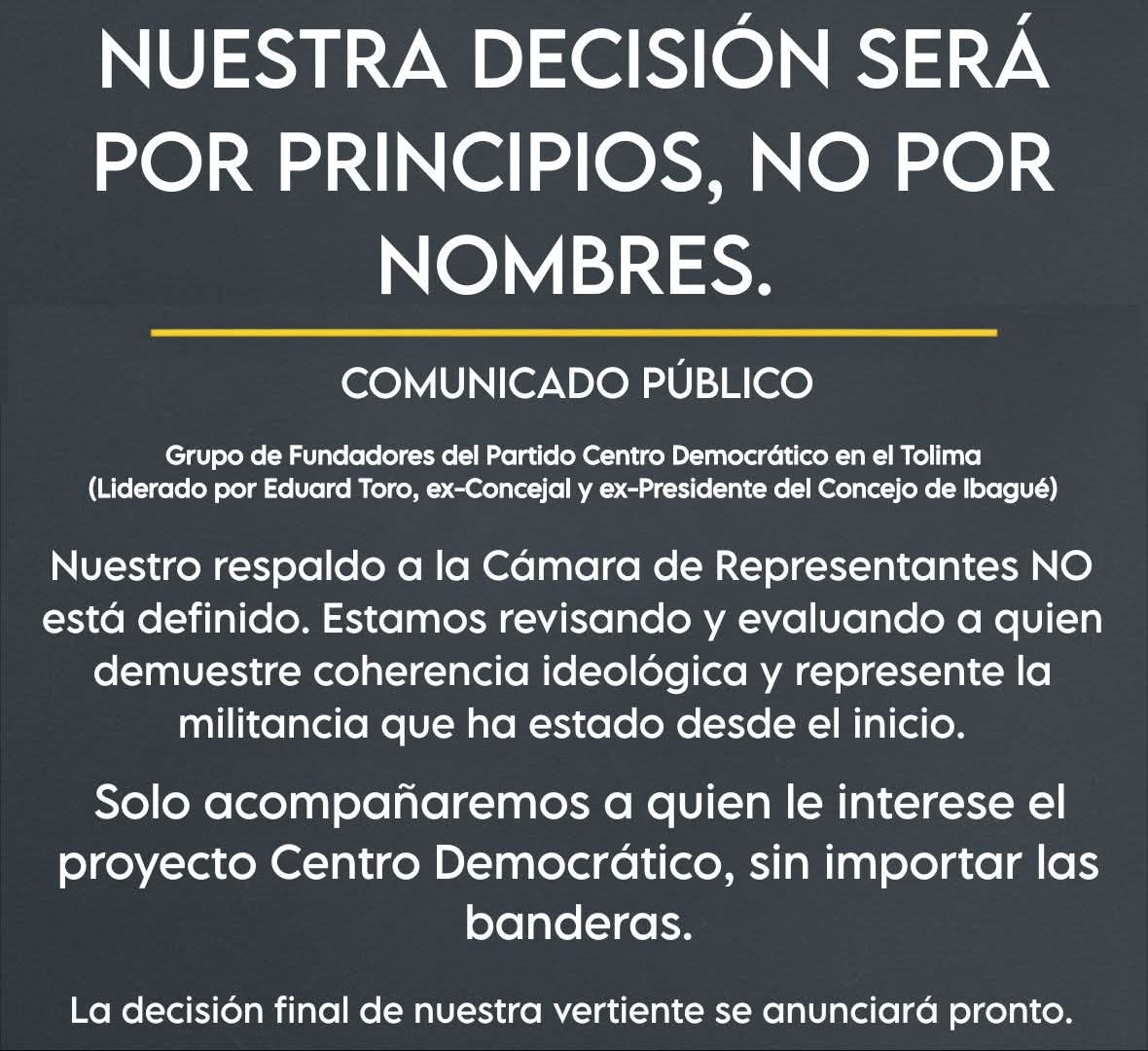 EdwarToro's tweet image. 🫵NUESTRA DECISIÓN SERÁ POR PRINCIPIOS, NO POR NOMBRES.

👨‍💻​Nuestro respaldo a la Cámara de Representantes por el Tolima No está definido. Estamos revisando y evaluando a quien demuestre coherencia ideológica
​ #SomosIbagué #CentroDemocratico #Tolima #Ibague