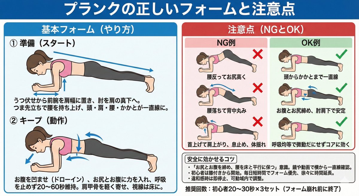 nikudan_diet's tweet photo. 大事なので何度でも言います。ぽっこりお腹を凹ませたいなら『プランク』をしてください。普通の腹筋運動とは違い、天然のコルセットと呼ばれるインナーマッスルを鍛えるので、お腹が内側からギュッと引き締まります。「1分も耐えられない…」という人も安心して。最初はプルプルするまでの10秒からで十分。動かず耐えるだけなので、運動音痴さんでも問題ありません。『プランク』のやり方がわからない方は⤵︎の図解を参考にしてね。（1/4）