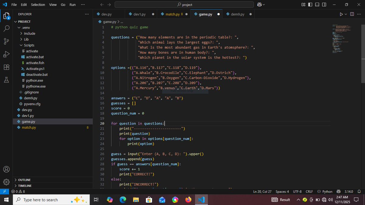 OyedeleSolia's tweet image. Building a Python quiz game as part of sharpening my programming logic and problem-solving skills. Learning by doing—one line at a time! 🐍💻  
#Python #CodingJourney #SoftwareDeveloper #100DaysOfCode
