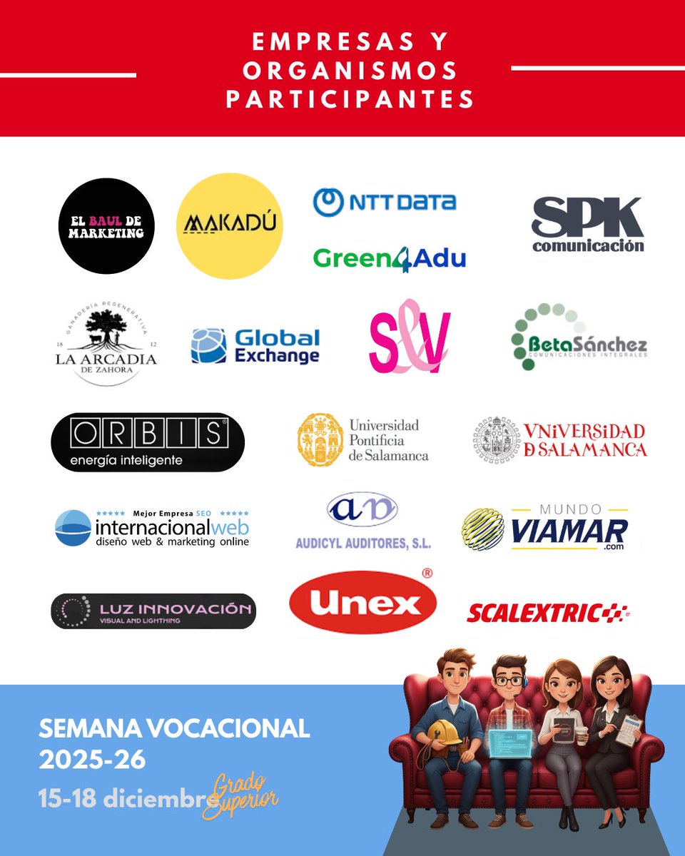 Ya está aquí la Semana Vocacional de Grado Superior 🎉

Una semana cargada de experiencias para nuestro alumnado, que podrá disfrutar de la presencia de un buen número de profesionales y empresas referentes en diferentes ámbitos laborales. 

Desde el lunes 15 al jueves 18.