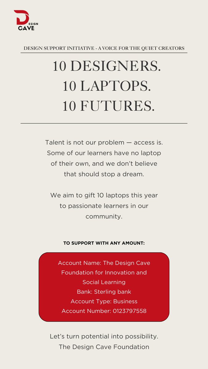 DesignCaveNGO's tweet photo. @DONJAZZY @LouieDi13 @Ssaasquatch @folasanwo @adekunleGOLD
We’re on a mission to provide laptops to 10 designers who need them most.
Your voice or support could help us reach the goal faster!
#10Laptops10Designers #SupportCreatives #NigeriaCreates #FutureDesigners #TechForGood https://t.co/PSKiBIH2iP