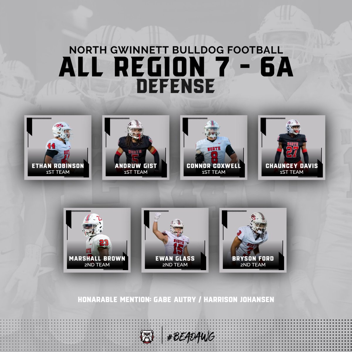 Congrats to our All Region 7/6A Defense award winners!  Proud of you!

LB Ethan Robinson - 1st
DB Andruw Gist - 1st
DE Connor Coxwell - 1st
DB Chauncey Davis - 1st
LB Marshall Brown - 2nd
DL Ewan Glass - 2nd
DB Bryson Ford - 2nd
DE Gabe Autry - HM
DB Harrison Johansen - HM