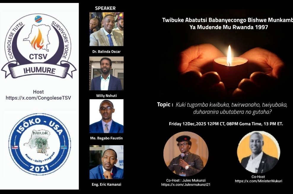 IsokoUSA's tweet photo. 🇨🇩😢😭 #Twibuke #Remember #RappelonsNous #Tukumbuke 
Dec. 10th-11th, 1997: 28 years after  Genocide of Congolese Tutsi in Mudende Refugee Camps in Rwanda.

Join us to pay tribute to the victims and support the survivors while  striving for seeking justice and return home 🇨🇩.

https://t.co/N7onPfRby8