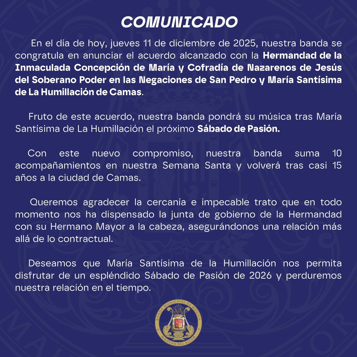 🔴 𝗡𝗢𝗧𝗜𝗖𝗜𝗔: La Banda Municipal de Música de Mairena del Alcor firma con <a href="/hdadhumillacion/">Hdad Humillación</a> para acompañar a María Santísima de la Humillación el próximo 𝗦𝗮́𝗯𝗮𝗱𝗼 𝗱𝗲 𝗣𝗮𝘀𝗶𝗼́𝗻

📰 municipaldemairena.com/firmamos-con-l…

📲 #𝗦𝘂𝗲𝗻𝗮𝗠𝗮𝗶𝗿𝗲𝗻𝗮