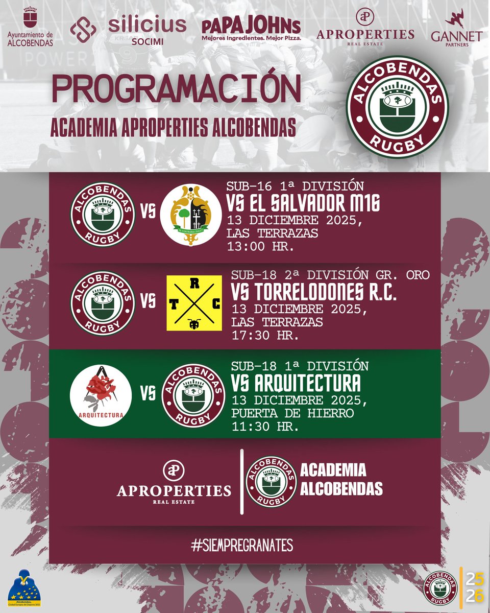 Programación Academia Aproperties Alcobendas Rugby

¡Nos vemos en los campos!

#SiempreGranates #AcademiaApropertiesAlcobendasRugby