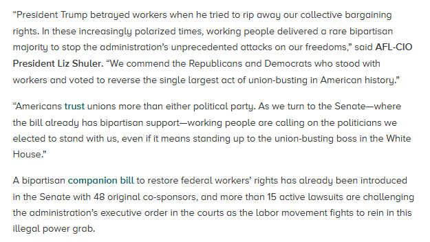 The Protect America’s Workforce Act passed the House of Representatives! This is a huge victory for workers.

As the bill heads to the Senate with bipartisan support, we call on lawmakers to vote yes and reverse the largest act of union-busting in history. aflcio.org/press/releases…