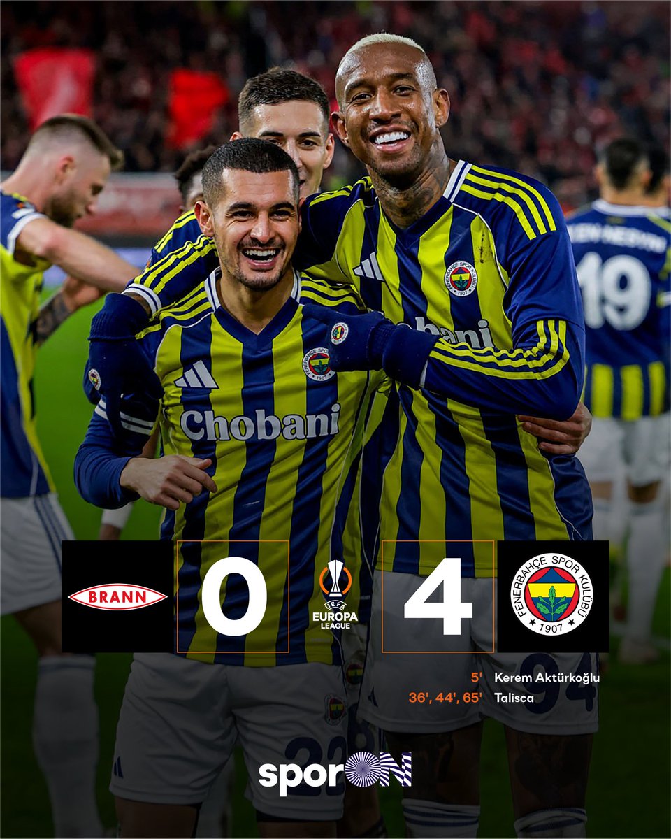 🇳🇴 Brann 0-4 Fenerbahçe 🇹🇷

⚽ 5' Kerem Aktürkoğlu
⚽️ 36', 44', 65' Anderson Talisca

🟥 18' Helland

#BRAvFB
#fenerinmacivar

Ülkenin şerefi 💛💙