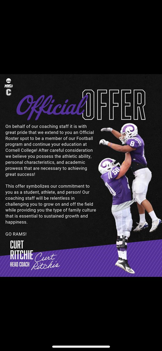 Thank you Cornell College for offering me! #2
<a href="/FBCoachRitchie/">Curt Ritchie</a> <a href="/Maish4848/">Matthew Maish</a> <a href="/MaishAmber/">Amber Maish</a>