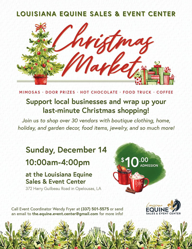 SLPEconDev's tweet image. The Louisiana Equine Center Christmas Market, held on Sunday, Dec. 14, features several dozen unique vendors from across the state. Learn more about this fun-filled first-time event. opportunitystlandry.com/news-and-event…!