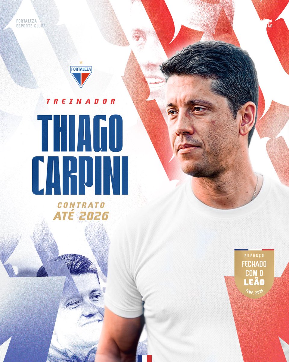 FortalezaEC's tweet image. Thiago Carpini é o novo treinador do Fortaleza! 🦁

O Fortaleza Esporte Clube comunica a contratação do técnico Thiago Carpini, que assina com o Tricolor até o fim de 2026. Os auxiliares Estephano Djian e Márcio Goiano, o preparador físico Caio Gilli e o analista Josué Romero…