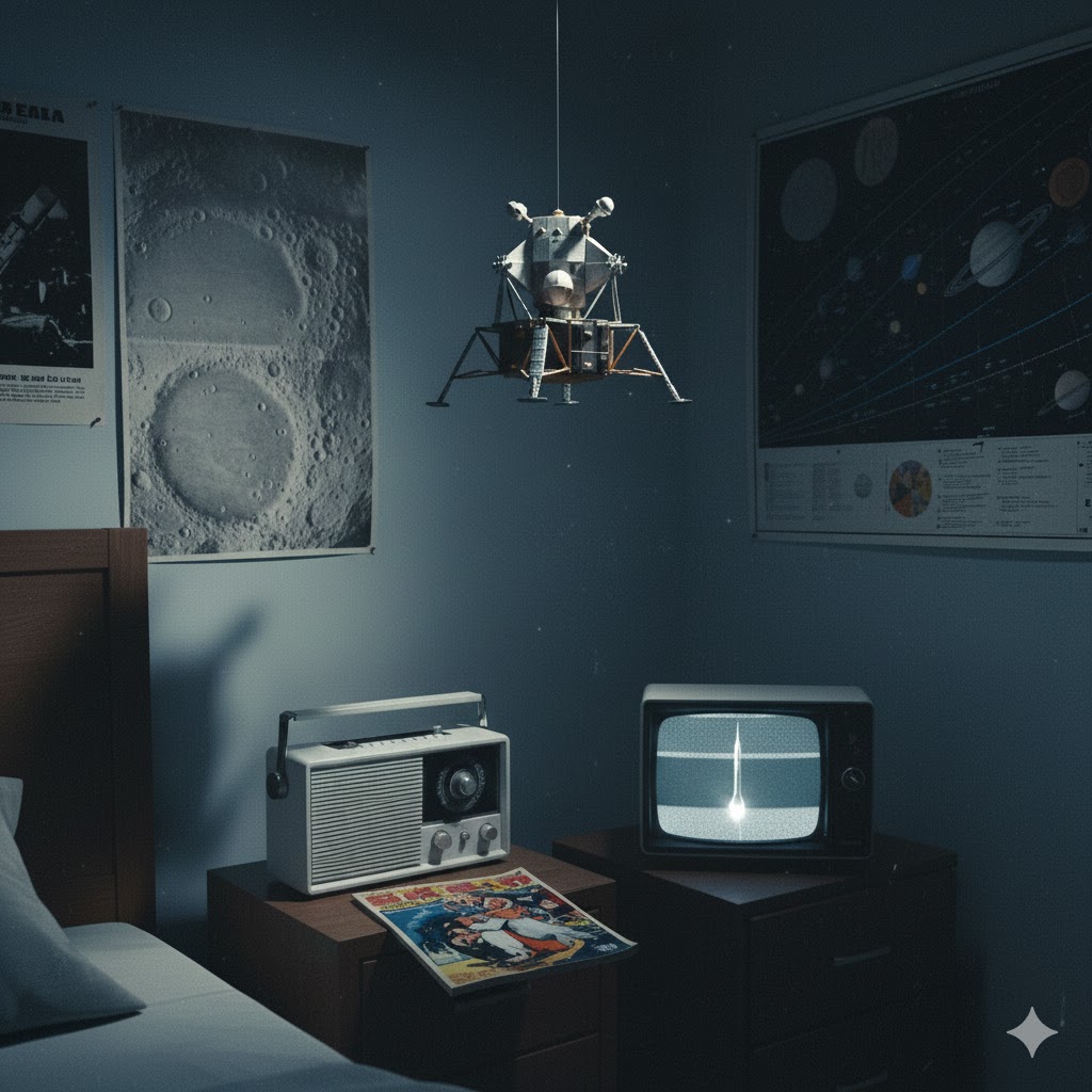 Americain1960's tweet photo. This wasn't just a bedroom; it was mission control.
The countdown  hissed from a tiny TV speaker. Glowing planetary charts mapped the  night's ambitions. Every kid in the 60s knew their homework, but dreamed  in orbit. 🌙✨

#SpaceRace1960s #NASA #RetroFuturism #ApolloMission https://t.co/9mDbacfV5e