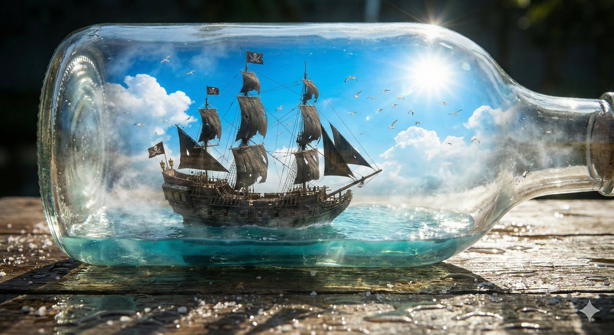 漂流瓶中的黑珍珠号🏴☠️✨
--- 提示词 ---
一张细节丰富的照片捕捉到了一个装有微缩景观的玻璃瓶。瓶内是“黑珍珠号”,一艘挂着残破黑帆和海盗旗、历经风霜的海盗船,正航行在汹涌的绿松石色海浪之上。上方是晴朗的天空,白云朵朵,阳光耀