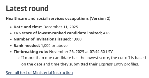 TTRRMK's tweet image. 385th Express Entry Draw - Healthcare and social services occupations - December 11, 2025 - 1,000 candidates eligibility in the healthcare category and with #CRS scores of 476+ were invited to apply for permanent residence #cndimm #PR #ITA