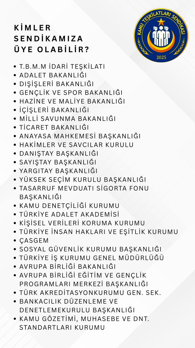 Değerli Emniyet Mensuplarımız❗️
Sonuna kadar okumanızı rica ederim.

Kamu Teşkilatlari Sendikamız 
Emniyet Mensupaları ve Şehit Yakınlarının Kurduğu bir sendikadır.

SGK, Adliye, Maliye, Nufus, Danıştay,il Göç, Bakanlık, Kaymakamlık, valilik gibi kurumlarda çalışan emniyet