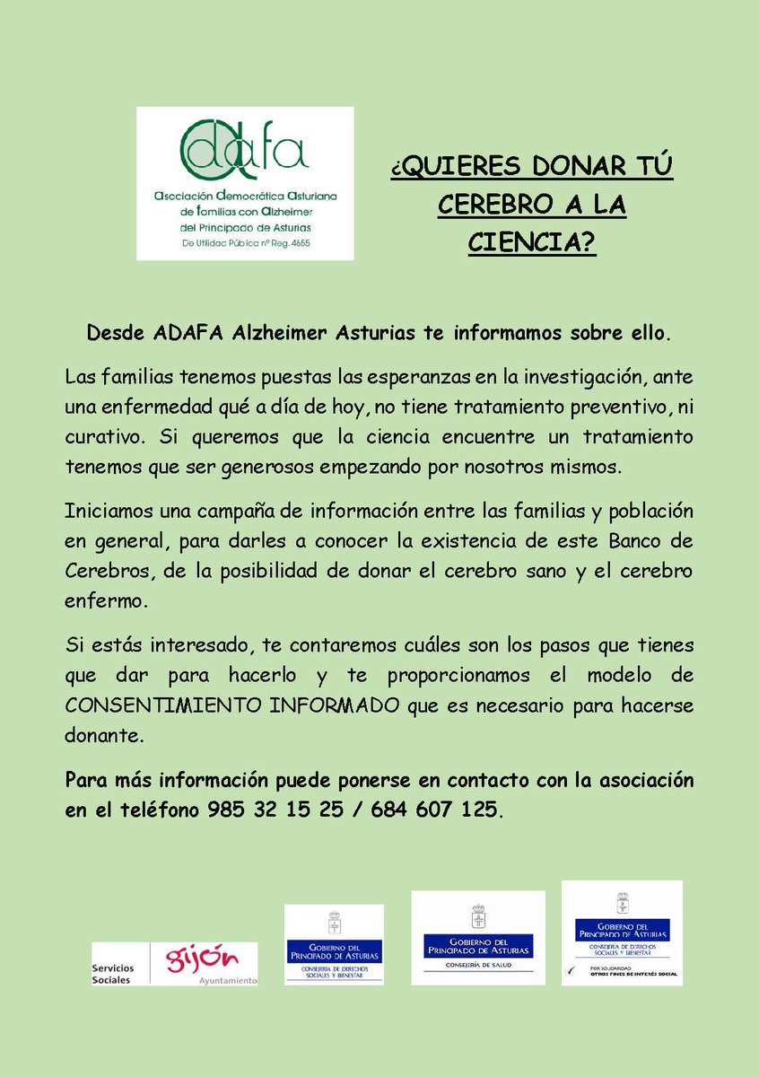 adafaalzheimer's tweet photo. Desde ADAFA Alzheimer Asturias, se presta especial atención a que la investigación cuente con un banco de cerebros de personas enfermas y sanas. Es necesario potenciar el Banco de Cerebros, permitiendo así una ampliación del horario del servicio. https://t.co/EHKXT6GjOx