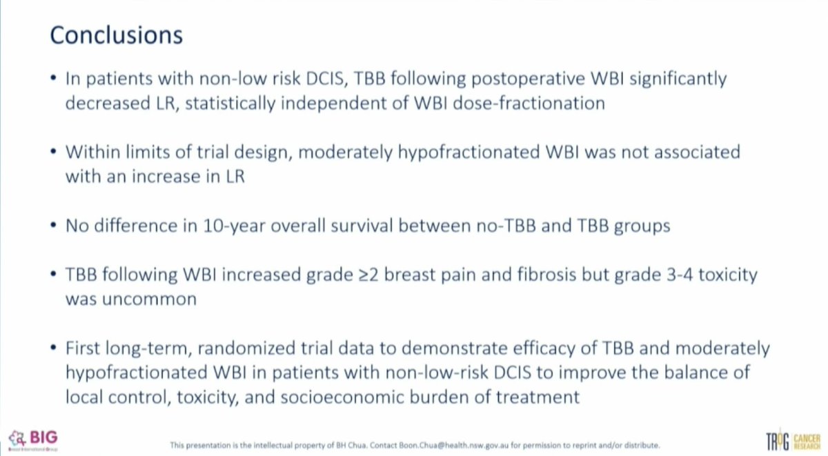 MVanMeterMD's tweet photo. Adjuvant radiation in non-low-risk DCIS

HR 0.49 with boost, benefit across subgroups
No difference in OS

3 randomizations, each evaluating +/- boost
median follow-up 10.2 yrs
Majority age 50+, unifocal, <=2 cm, margins 2+ mm 

Boon Chua @BIGxResearch @TROGfightcancer
#SABCS25 https://t.co/O08eLbwATb