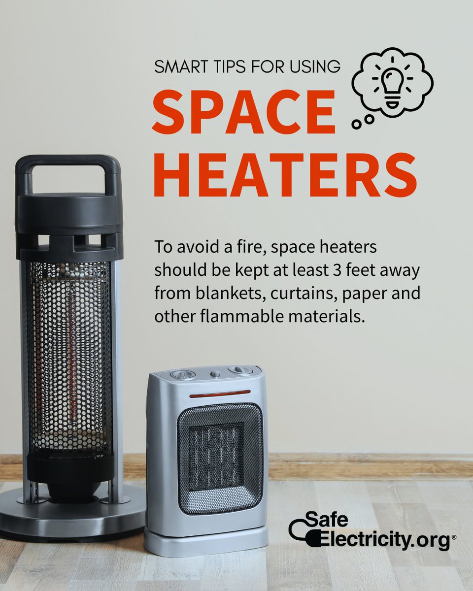 Be smart when using space heaters!

💡Keep them at least 3 feet from curtains, blankets, paper or anything that can burn.

🔥 Avoid fires by plugging space heaters directly into a wall outlet. Never use a power strip or extension cord, as they can overheat.