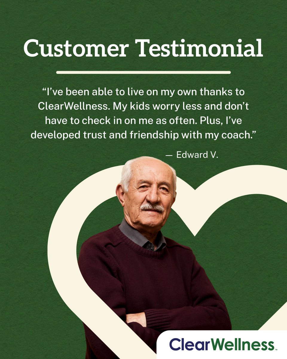 “I’m able to live on my own thanks to #ClearWellness… my kids worry less.” Stories like Edward’s show how weekly coaching helps seniors stay confident at home: clearwellness.com/home-care #AgingInPlace